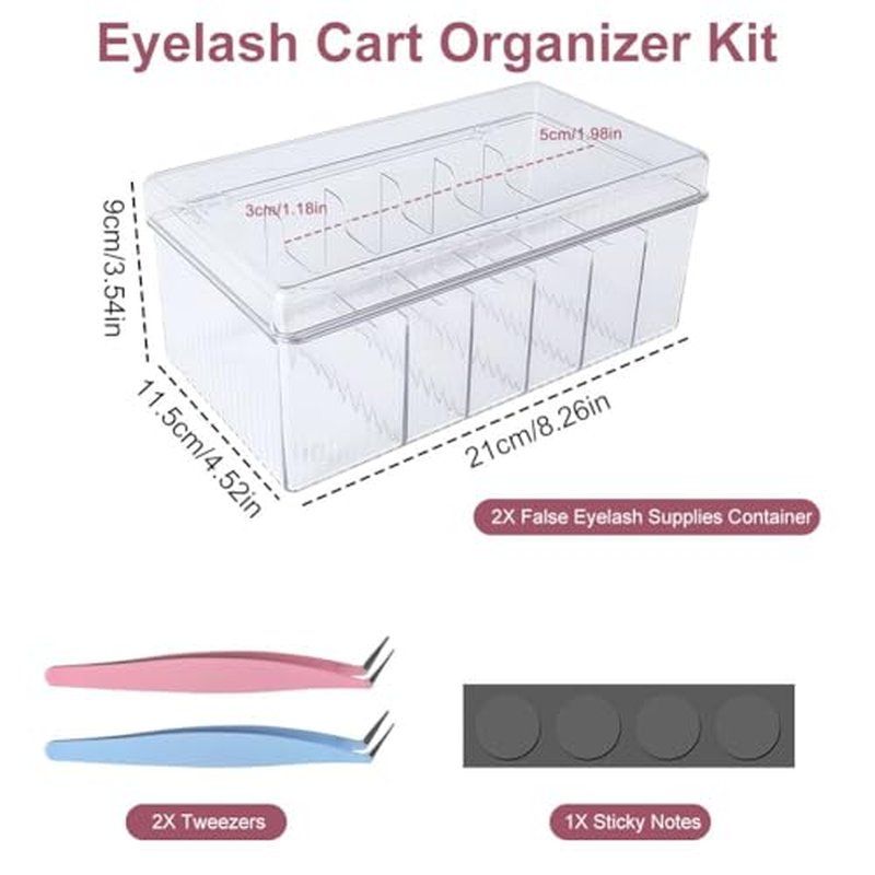 2PCS Acrylic Lashes Organizer, Eyelash Storage Box with 2PCS Tweezers and Sticky Notes, Large Capacity Eyelash Extension Supplies Organizer with Lid, Neatly Store and Organize Your Lash Supplies
