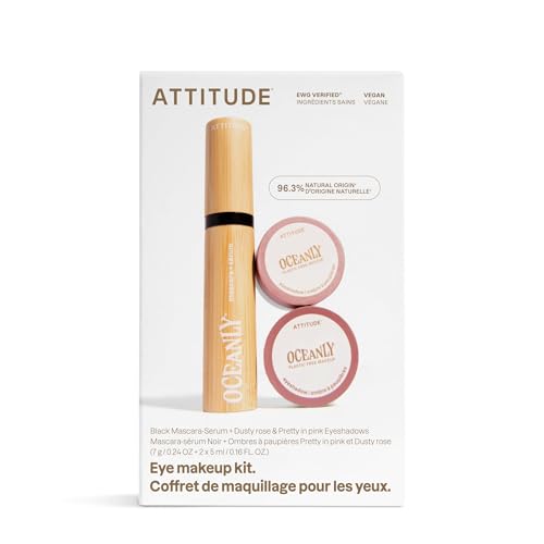 ATTITUDE Oceanly Pink Makeup Set: Mascara + Serum + Pink Eyeshadows (Vegan, EWG Verified) – 3‑Piece, Pink
