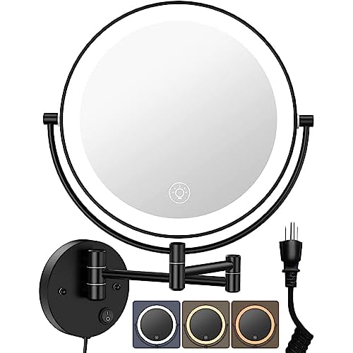 Benbilry 9" Large Wall Mounted Lighted Makeup Mirror, 1X/10X Magnifying 2-Sided AC Plug-in Powered Bathroom Mirror with 3 Color Lights, Touch Dimmable, Extended Arm 360¡Æ Rotation, Black