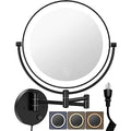 Benbilry 9" Large Wall Mounted Lighted Makeup Mirror, 1X/10X Magnifying 2-Sided AC Plug-in Powered Bathroom Mirror with 3 Color Lights, Touch Dimmable, Extended Arm 360¡Æ Rotation, Black