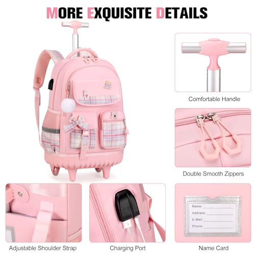 Pink Kids Rolling Backpack with Lunch Bag & Pencil Pouch - 3-in-1 School Bag