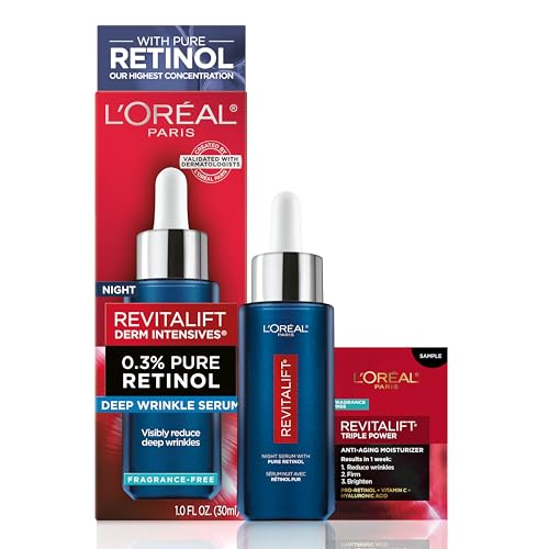 L'Oreal Revitalift 0.3% Pure Retinol Night Serum for Wrinkles - Fragrance Free, 1 oz + Moisturizer Sample