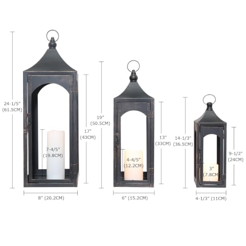 Decorative Lanterns Set of 3 - Bronze Outdoor Metal Candle Holders with LED Candles