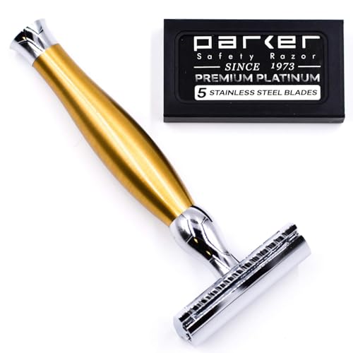 Parker 48R Heavyweight 3-Piece Double Edge Razor ? Matte Gold Finish with 5 Premium Platinum Double Edge Razor Blades - Delivers a Barber Shop Quality Shave