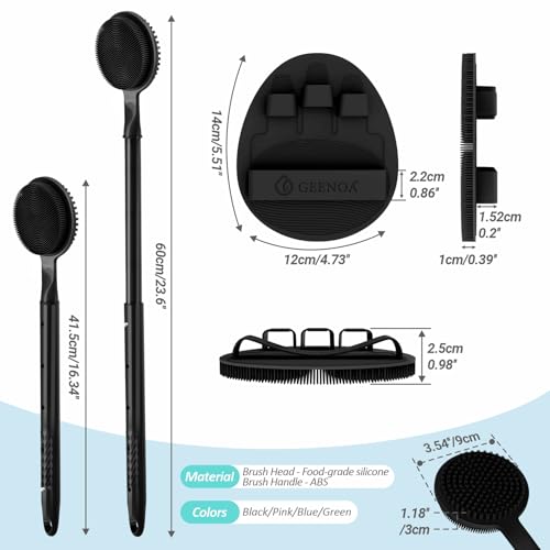 Silicone Back Scrubber & Soft Bath Glove 2PCS, 16''- 24'' Extendable Shower Scrubber with Dual-Side Head, 360¡Æ Anti-Slip & Hand-fit Silicone Body Scrubber for Rich Foaming Deep Cleaning(Black)