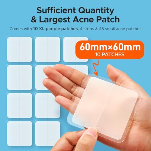 TKTK Large Pimple Patches, 60 mm XL Acne Patches, Big Hydrocolloid Bandages for Body, Face, Forehead, Chin, Neck Zit Breakouts, Hydrocolloid Patch (Square, Strip, Dot 5 Sizes 62 Count) (Pack of 2)