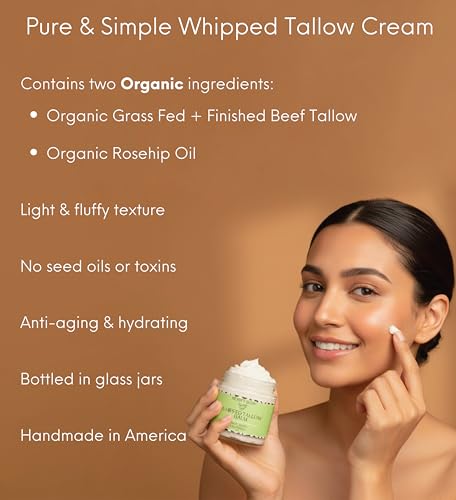 Organic Whipped Beef Tallow & Rosehip Oil Face & Body Moisturizer - Natural Grass Fed Balm for Dry Sensitive Skin, Unscented, 4 Fl Oz