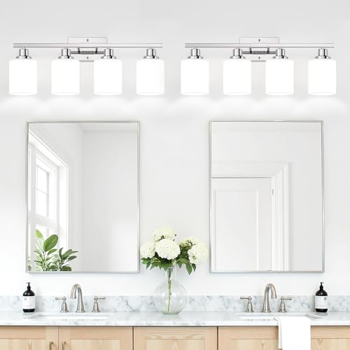 Chrome 4-Light Vanity Light with Milky White Shades - Modern Bathroom Fixture
