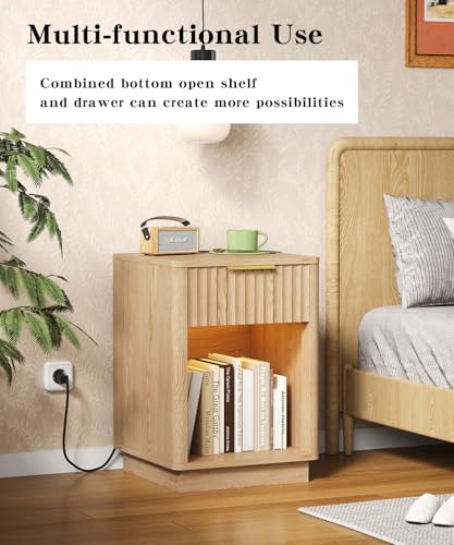 Akxomel Fluted Nightstand Bedside Table with Charging Station - Natural Oak