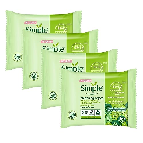 Simple Aloe Vera Sensitive Skin Facial Wipes - Waterproof Makeup Remover, 25 Count (4 Pack)