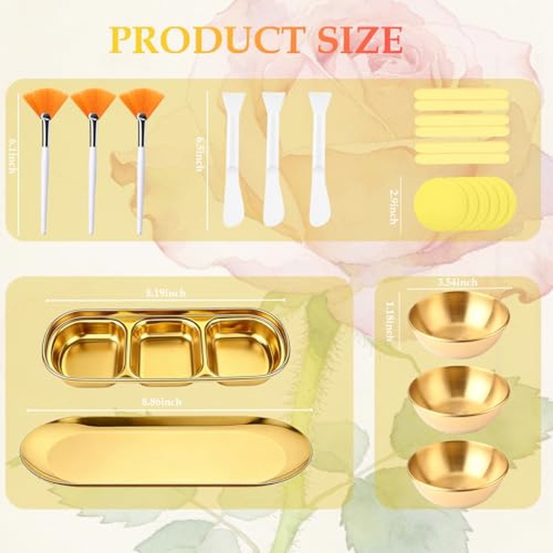 23Pcs Esthetician Supplies kit - Fan Esthetician Brushes, Gold Mask Mixing Bowls, Serving Trays, Compressed Sponges & Face Mask Brushes forSleepover & Spa Night Celebrations (Gold)
