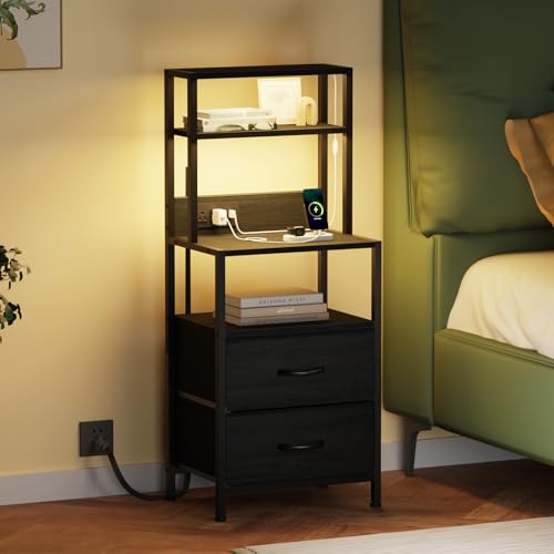 Furnulem Night Stand with 4 Shelves, 2 Fabric Drawers, Black Oak, 2 Drawer - Tall Bedside Table with Charging & LED Lights