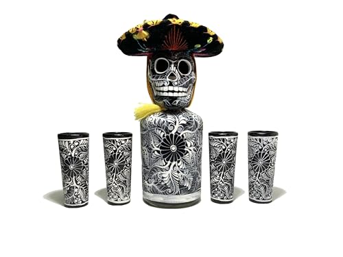 Black Tequila Decanter Set with Skull Shot Glasses and Mexican Sombrero - Hand-Painted Bar Decor
