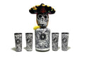 Black Tequila Decanter Set with Skull Shot Glasses and Mexican Sombrero - Hand-Painted Bar Decor