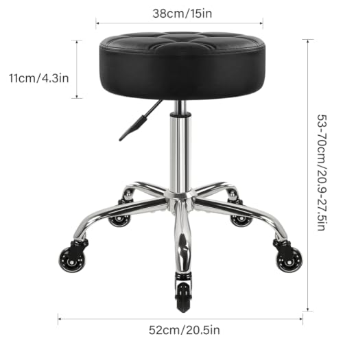WKWKER Black Heavy Duty Adjustable Rolling Stool with 360° Swivel & Thick Leather Seat