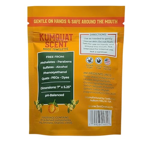 Individually Wrapped Hand Wipes, Alcohol-Free Wet Wipes For Sensitive Skin, Plant-Derived Hand & Face Cleansing, Kumquat Scented, Lunchbox & Travel Packets, 10 Pack - (Made In USA)