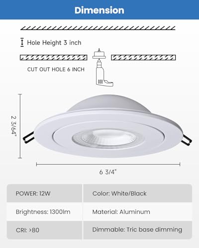 6 Inch Gimbal LED Recessed Lights 6 Pack - Adjustable White Canless Ceiling Lights with 5 CCT