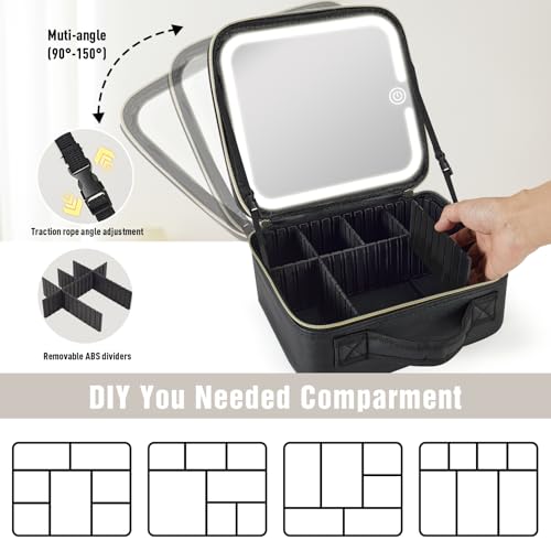 Junyaoxuan Large Travel Makeup Bag with LED Lighted Mirror, Removable & Adjustable Compartments, Black
