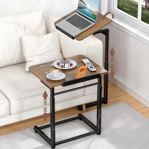 Brown 2-Pack Adjustable TV Tray Tables with Tilt & Phone Slot - Foldable Couch Side Desks
