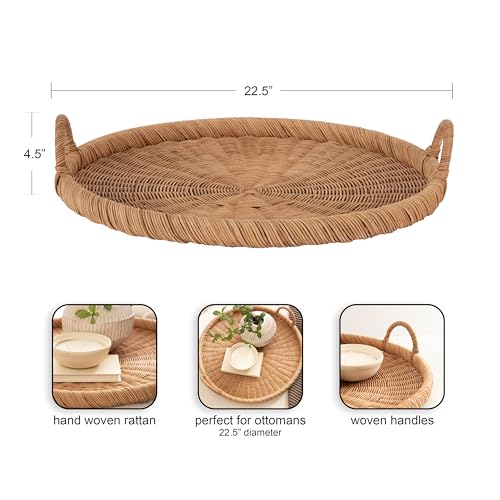 Kate and Laurel 22.4-Inch Natural Woven Rattan Serving Tray with Handles - Boho Style