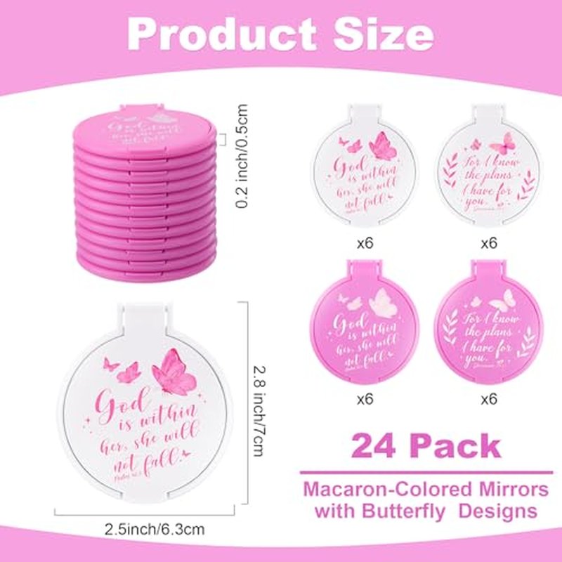 24 Pcs Bible Verse Butterfly Compact Mirrors Bulk Inspirational Christian Pocket Mirror for Women Religious Small Portable Round for Christmas Church Gifts Birthday Party Favors Pink White