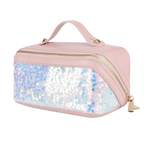Travel Makeup Bag,Makeup Organizer Bag,Toiletry Bag,Large Capacity with Glitter Sequin Cosmetic Bag,Open Flat Toiletry Bag Make up Organizer with Divider and Handle (Pink)