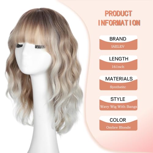 iAelev 16 Inch Ombre Blonde R60 Wavy Synthetic Wig with Bangs for Women