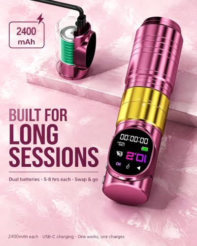 Wireless Rotary Tattoo Gun with Dual Batteries - Pink, 6 Stroke Settings