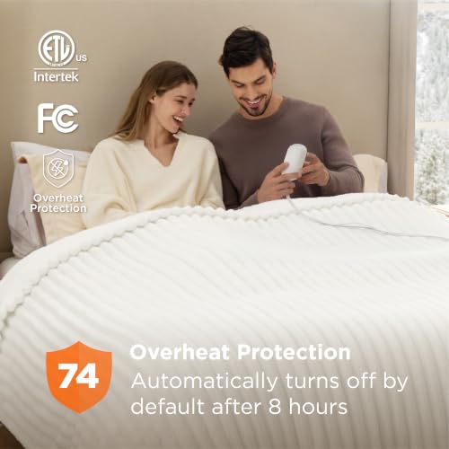 Queen Size Electric Blanket with Dual Control - White, 6 Heat & Timer Settings - Bedsure