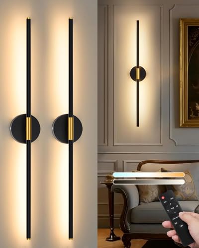 32-Inch Battery-Operated Wall Sconce Set of 2 - Black Gold, Rechargeable & Dimmable