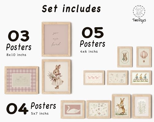 Framed Nursery Wall Art Set for Baby Girls - Pink Bunny, Swan, Animals, 12 Prints in Multi Sizes