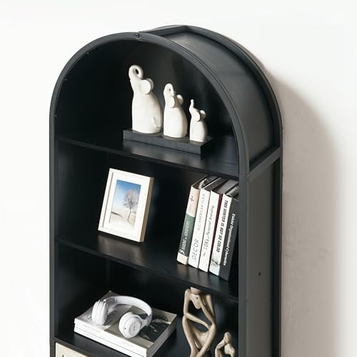 VIPLUMI Arched Bookcase with Doors, 5-Tier Tall Oak & Black, Without Glass Door