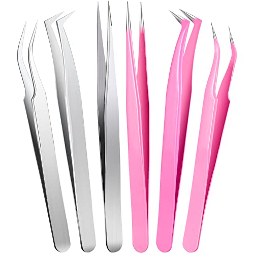 Honoson 6 Pieces Lash Eyelash Extension Tweezers Set Stainless Steel Eyelash Tweezers Straight and Curved Tip Tools Set Tweezers Nipper for Women Eyelash Extensions(Silver, Pink)