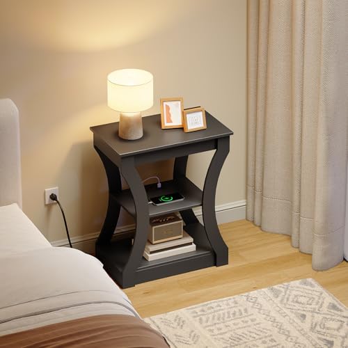 MAHANCRIS End Tables Set of 2 with Charging Station, Black (2/Black)