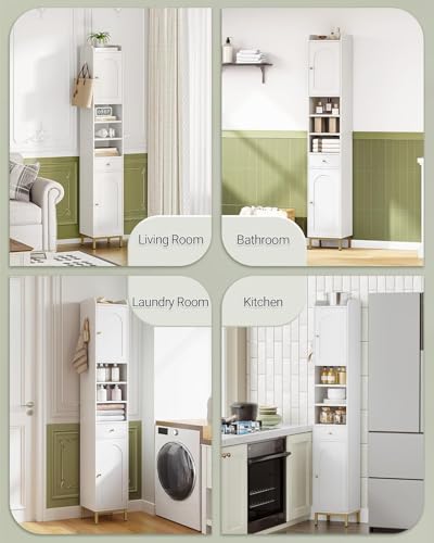 White Tall Bathroom Cabinet with Adjustable Shelves & Drawer - 11"D x 11"W x 70.9"H