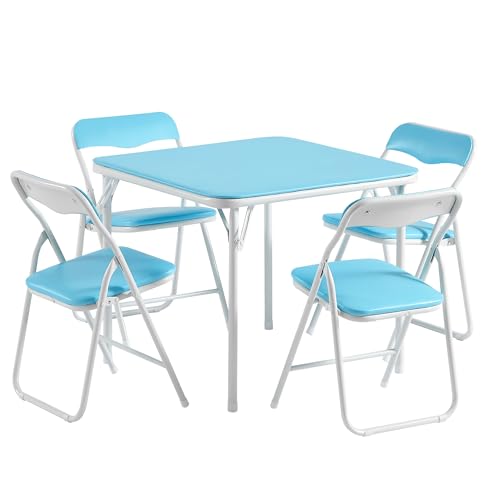 VECELO Kids Folding Activity Table and Chairs Set - Blue & White, 5 Pieces, Portable, Padded Cushions, No Assembly