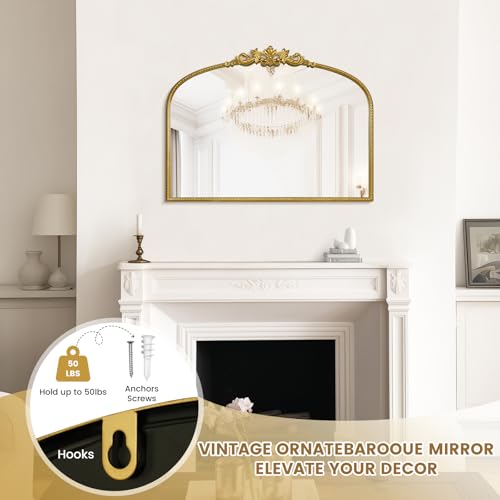 24 x 32 Inch Gold Vintage Wall Mirror with Ornate Frame - Arched Design