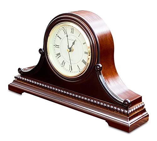 Wooden Mantel Clock with Roman Numerals - Silent Battery Operated Chiming Table Clock, Walnut Finish, 9x16x3 Inches