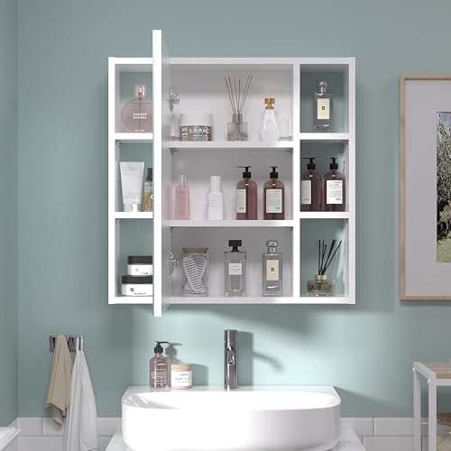Wall-Mounted Bathroom Cabinet with Mirror, 2 Mirrored Doors, Adjustable Shelves, White