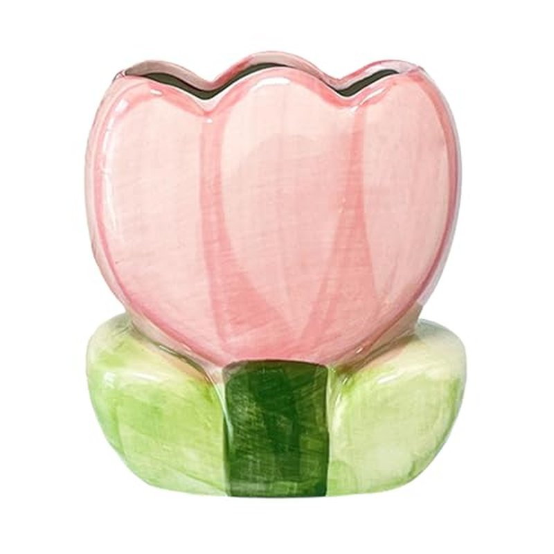1 PC Ceramic Tulip Make up Brush Holder Flower Toothbrush Holder Cosmetic Storage Box Pen and Pencil Holder Desktop Organizers (Pink)