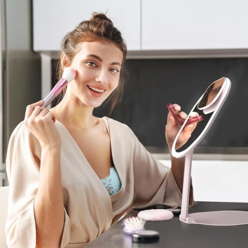 Pink Rechargeable LED Travel Makeup Mirror with 3 Light Settings & 10X Magnifier – Ultra Slim & Foldable