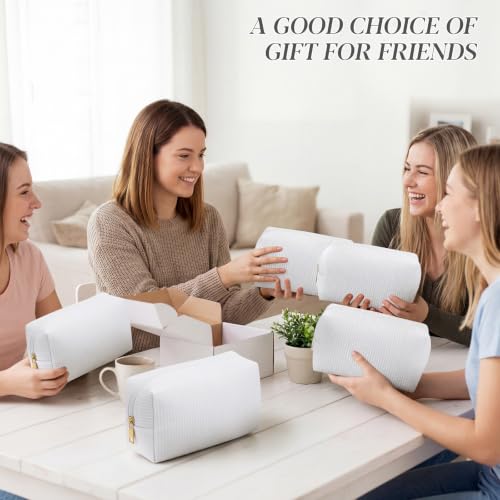 White Seersucker Cosmetic Bags Set of 6 - Striped Zippered Travel & Makeup Pouches - Sanwuta