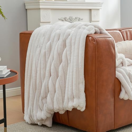 Faux Fur Throw Blanket - Ivory Striped, Oversized 55x70 Inches - Cozy & Soft