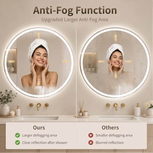 20 Inch Round Frameless LED Bathroom Mirror with Lights & Anti-Fog - Dimmable 3 Color Temp