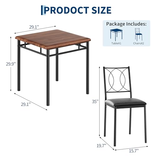Walnut Small Dining Table Set for 2 with Upholstered Chairs - Space-Saving Kitchen Furniture