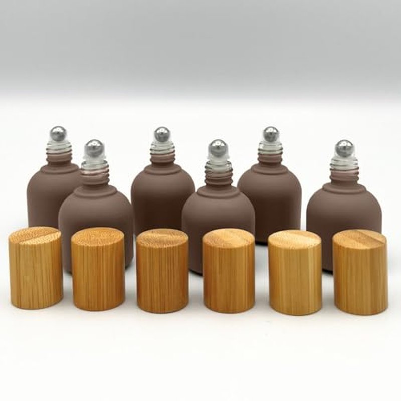 10ml Glass Roller Bottles with Bamboo Cap and Stainless Steel Ball for Essential Oils (Chocolate, Bamboo)