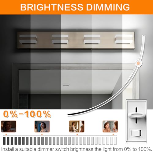 Brushed Nickel Bathroom Vanity Light Fixture - 4 LED Adjustable Color & Dimmable Over Mirror, 30 Inch