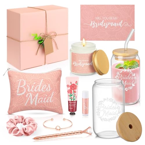 Meanplan 14 Pcs Bridesmaid Proposal Gifts Set, Will You Be My Bridesmaid Gifts with Proposal Box Glass Cup Makeup Bag Cards Lip Balm Hand Cream Candle Scrunchie Bracelet Diamond Pen for Wedding(Pink)