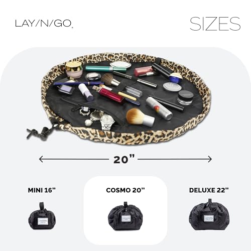 Lay-n-Go Cosmo Layflat Drawstring Cosmetic & Makeup Bag Organizer w/Zipper Pocket, Brush Loops & More, Cinch to Close, Lay Flat to Use, Durable, Machine Wash, Travel Toiletry Bag (22", Leopard)