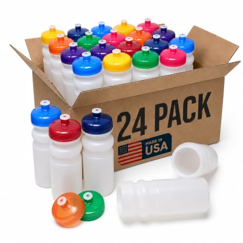 Reusable 20oz Water Bottles with Wide Mouth & Variety Lid - 24 Pack, BPA-Free, Dishwasher Safe, Break-Resistant, Made in USA, Frost Clear